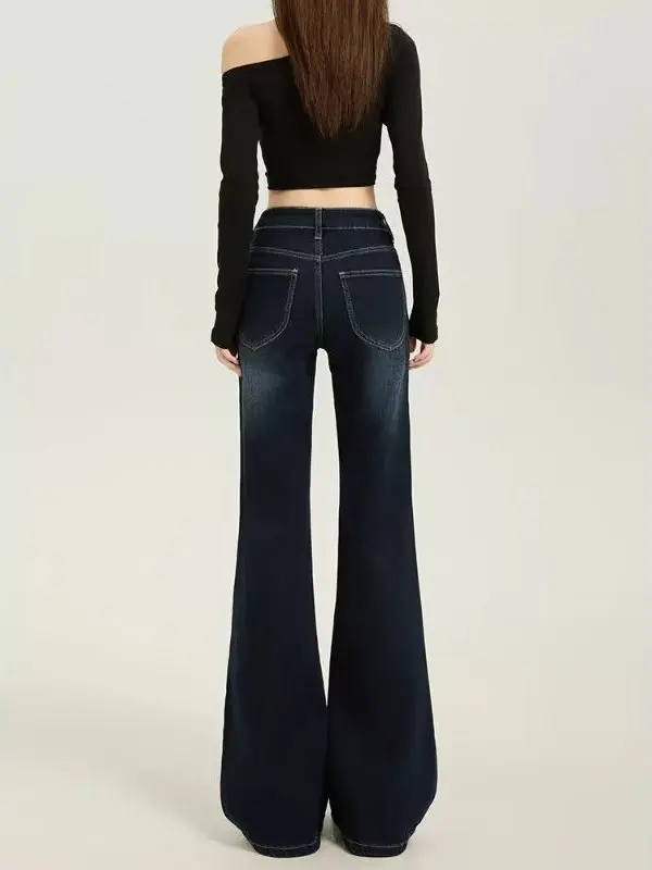 American Deep Blue Low Waist Bell Bottom Jeans Women's plus Size Slimming Elastic Floor Length Straight Leg Bell Pants