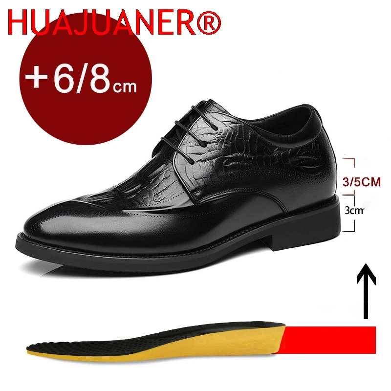Genuine Leather Men's Dress Shoes Hidden Heels Elevator Shoes 8CM 6CM Height Increased Shoes For Men Fashion Brown For Wedding