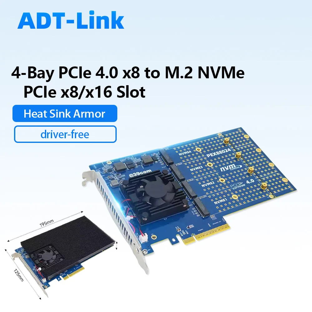 4 Bay PCIe 4.0 X8 To M.2 NVMe Expansion Adapter Card RTE88024 4NXE 128GT/s 4-Drive Port for X8/x16 Slot 22110/2280/2242 SSD M2