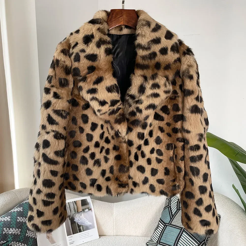 Winter Jacket Women Thick Warm Elegant New Fashion Real Natural Rabbit Fur Coat Turn-down Collar Outerwear Streetwear Leopard