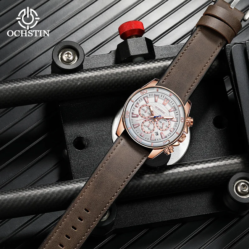 OCHSTIN Men's Quartz Watches Man Genuine Leather Strap Wristwatch Luminous Navigator Series Clock Waterproof Luxury Watch