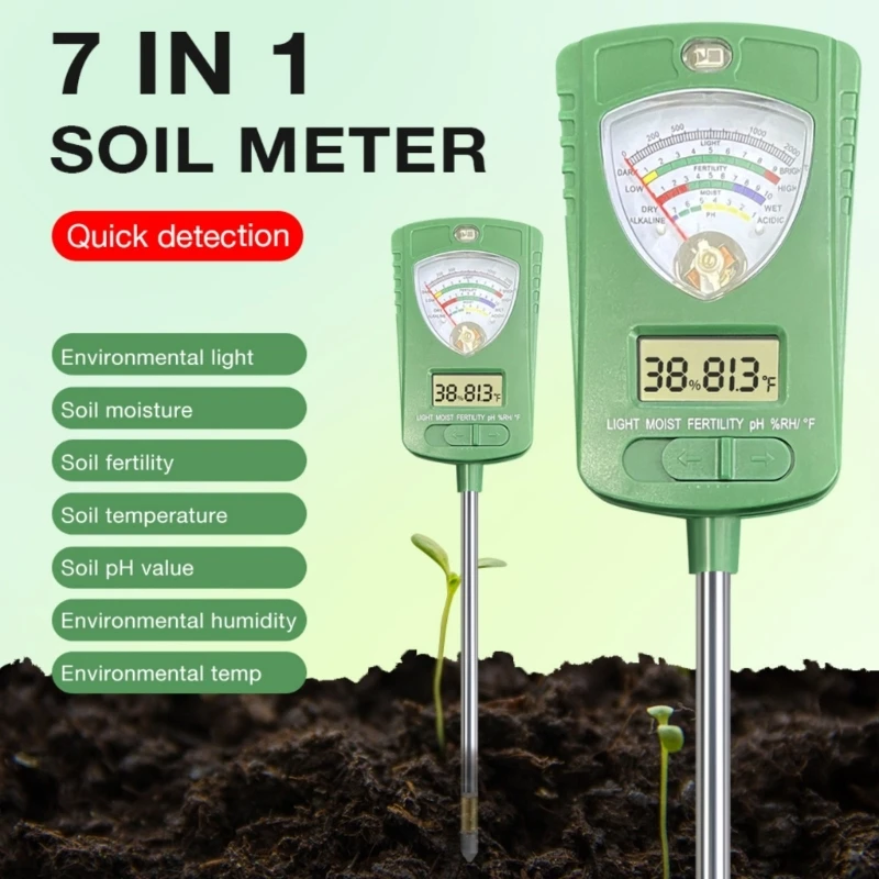 

Профессиональный пластиковый тестер почвы, измеряющий 7 параметров, включая уровень освещенности, влажность и содержание удобрений, подходит для дома и B03E.
