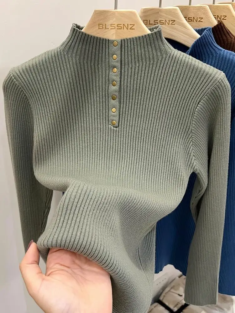 Suéter de punto de Cuello medio alto grande para mujer, suéter versátil de manga larga, nuevo diseño de moda, Otoño e Invierno