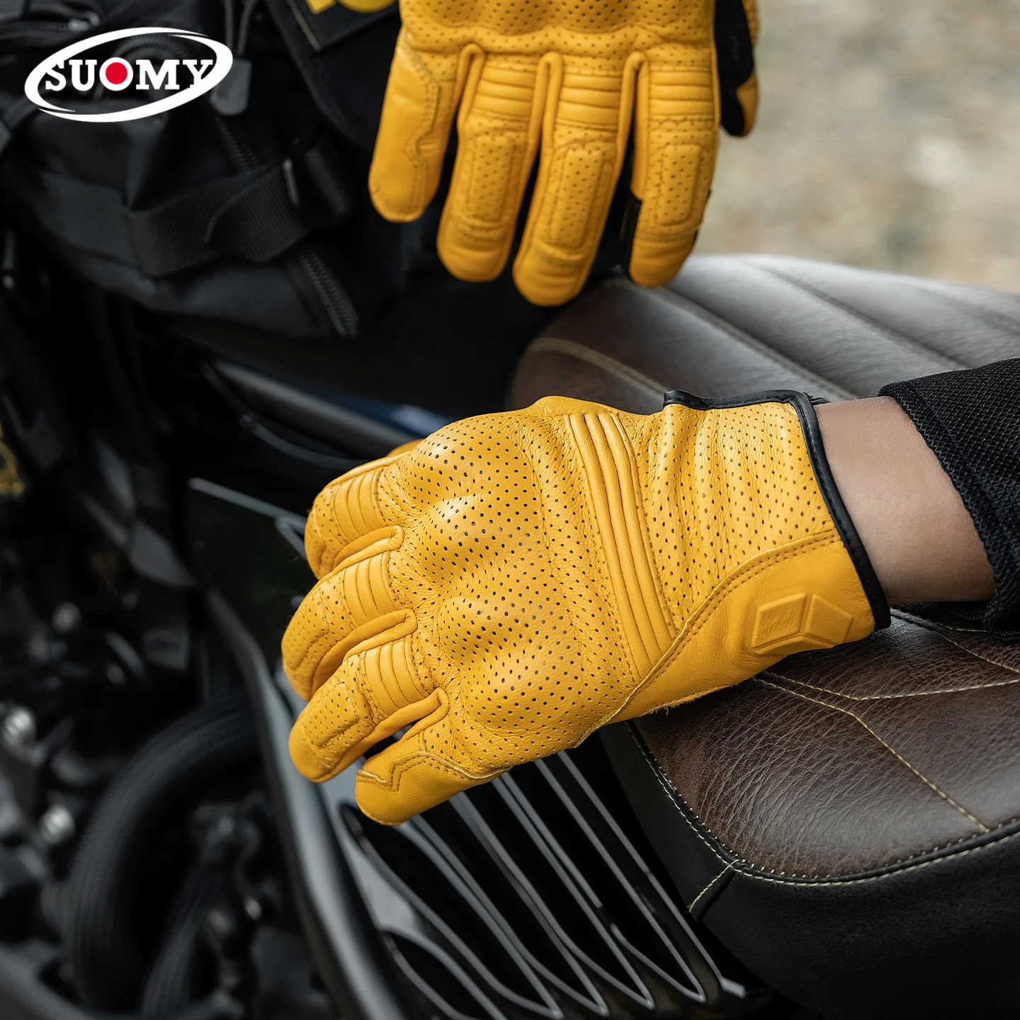 Retro Yellow Leather Motorcycle Gloves Non-Perforated & Perforated Options Men Women Motocross Racing Touch Screen Riding Gear