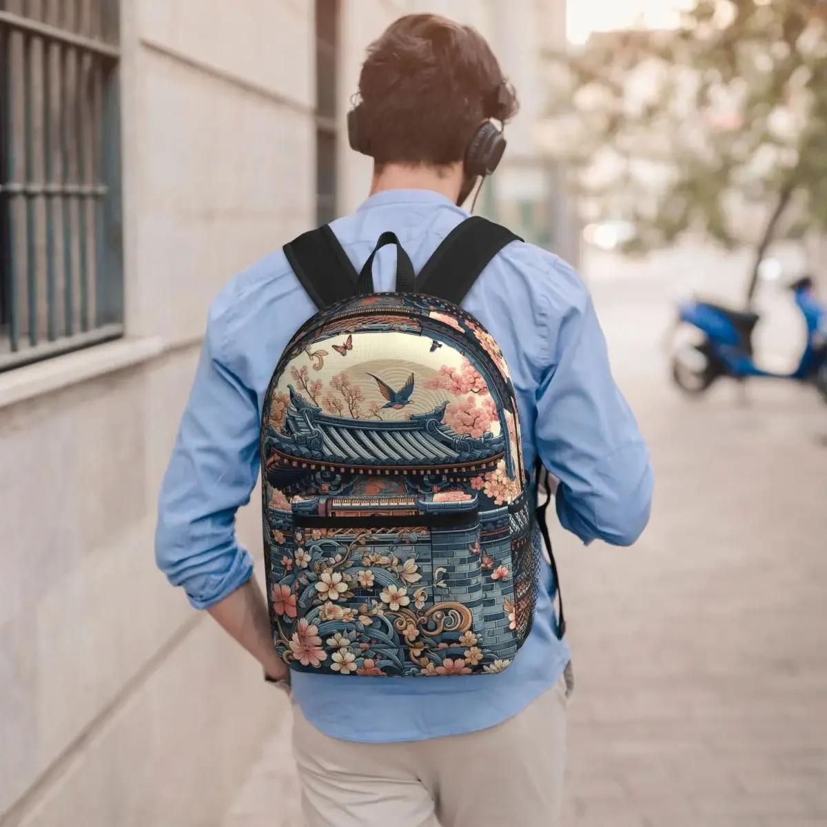 Traditional Asian Architecture With Cherry Blossoms Backpack School Bag Hiking Travel Daypack for Unisex Bookbag Shoulder Bags