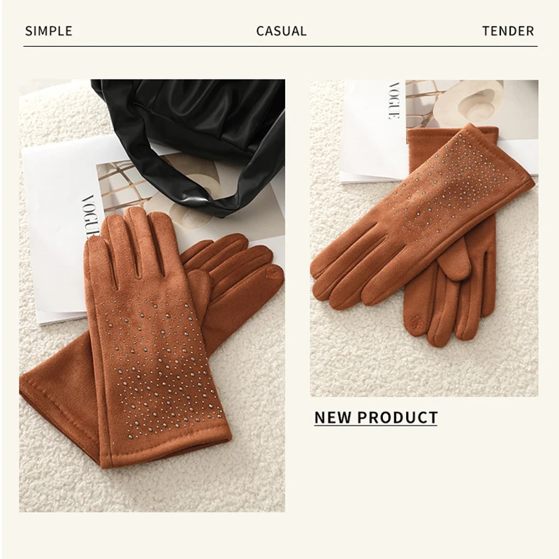 Women Autumn Winter Suede Hot Diamonds Gloves Keep Warm Touch Screen Thin Outdoor Windproof Cycling Drive Elasticity