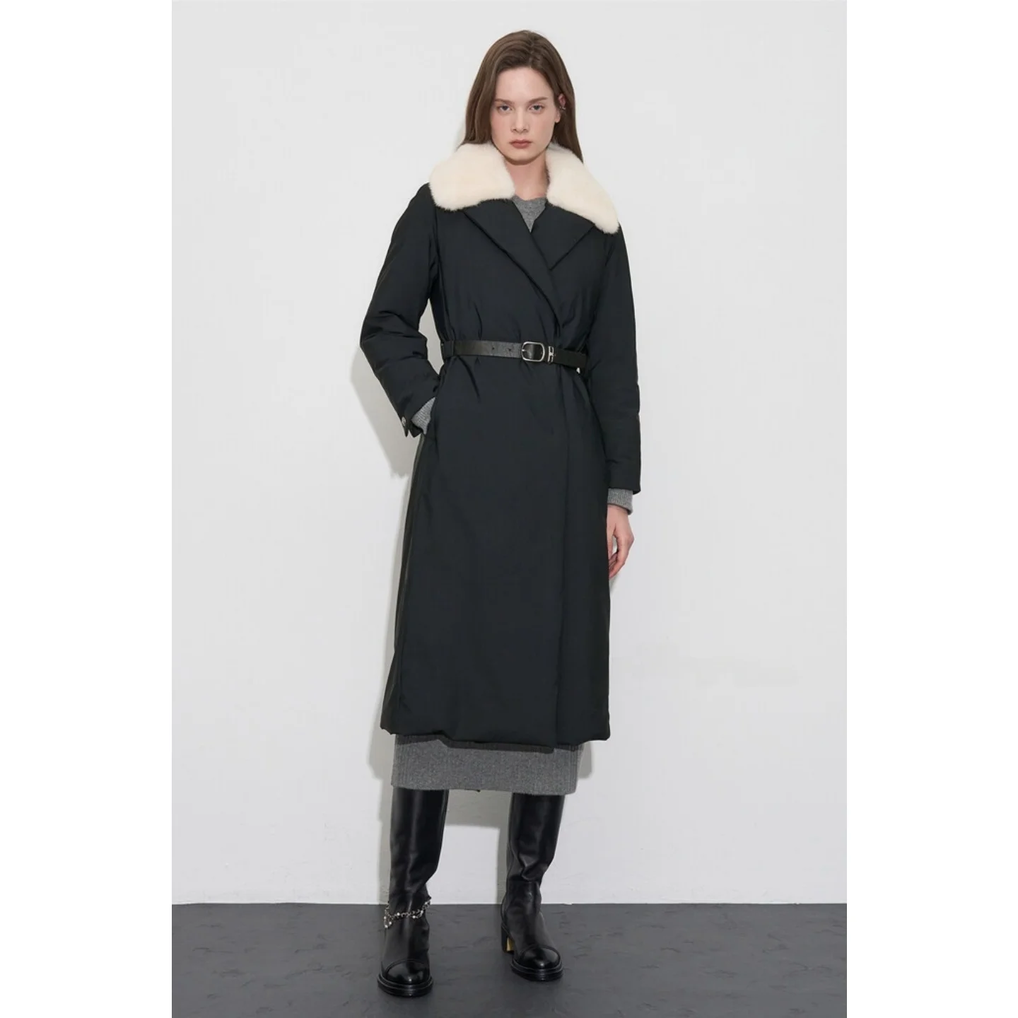 Detachable Fur Collar Windbreaker Sle Goose down Coat Stand Collar Waist Belt Commuter Versatile down Jaet Outerwear