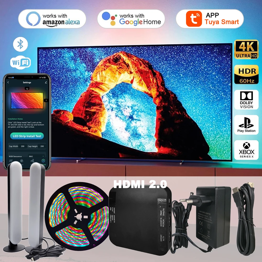 Smart Ambient TV Led Backlight HDMI 2.0 Device Sync Box WS2811 Strip Lights Kit Support 4K Alexa Voice Google Assistant Control