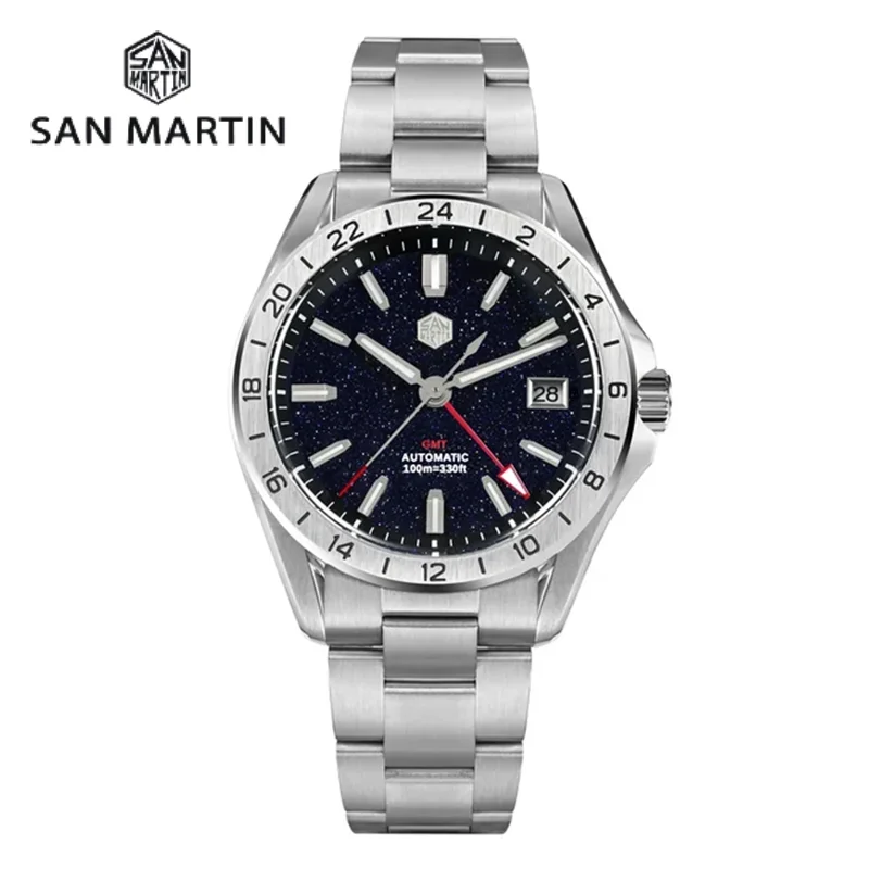 

San Martin 39mm Aventurine Gemstone Dial Luxury Men's Watch NH34 GMT Automatic Mechanical Sapphire Waterproof Luminous SN0129