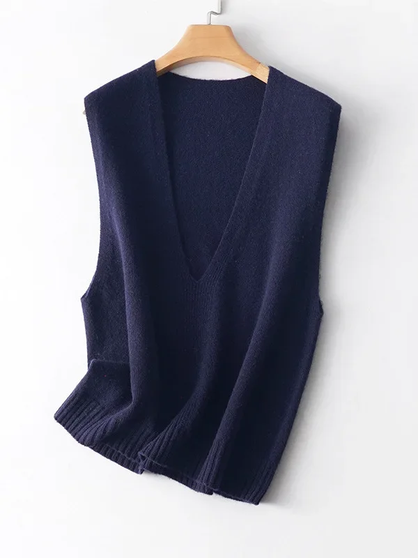 

Tcyeek, 100%Pure Wool Elegant Knitted Vest, Women VNeck Sleeveless, Fashion Loose OL Sweater, 2024 Autumn Winter Top T485118QM