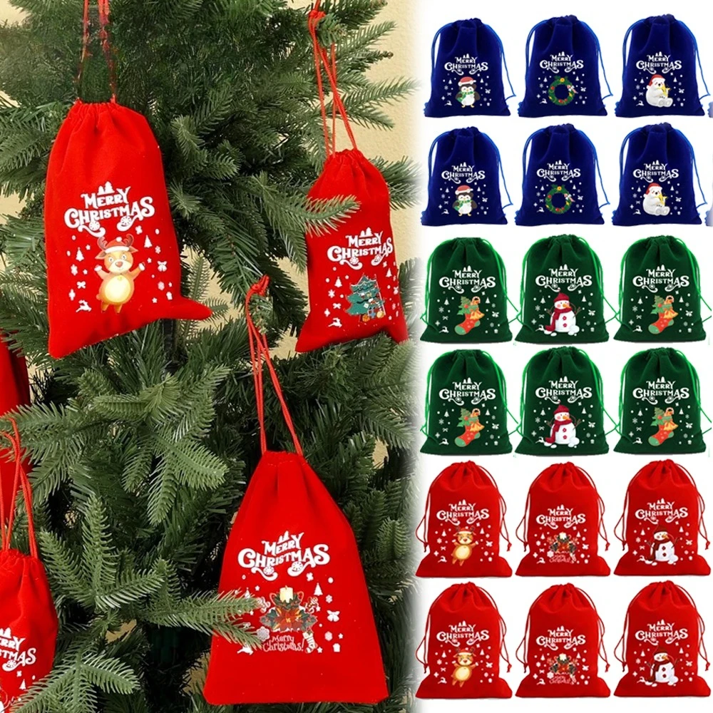 

Christmas Velvet Bags Small Candy Gifts Bag Drawstring Pouch Xmas Decoration Favor Bracelet Jewelry Packaging Bag