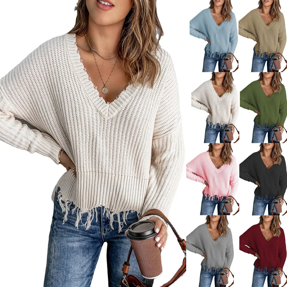 

Women V Neck Long Sleeve Loose Tassel Sweaters Casual Female Knitted Pullover Tops