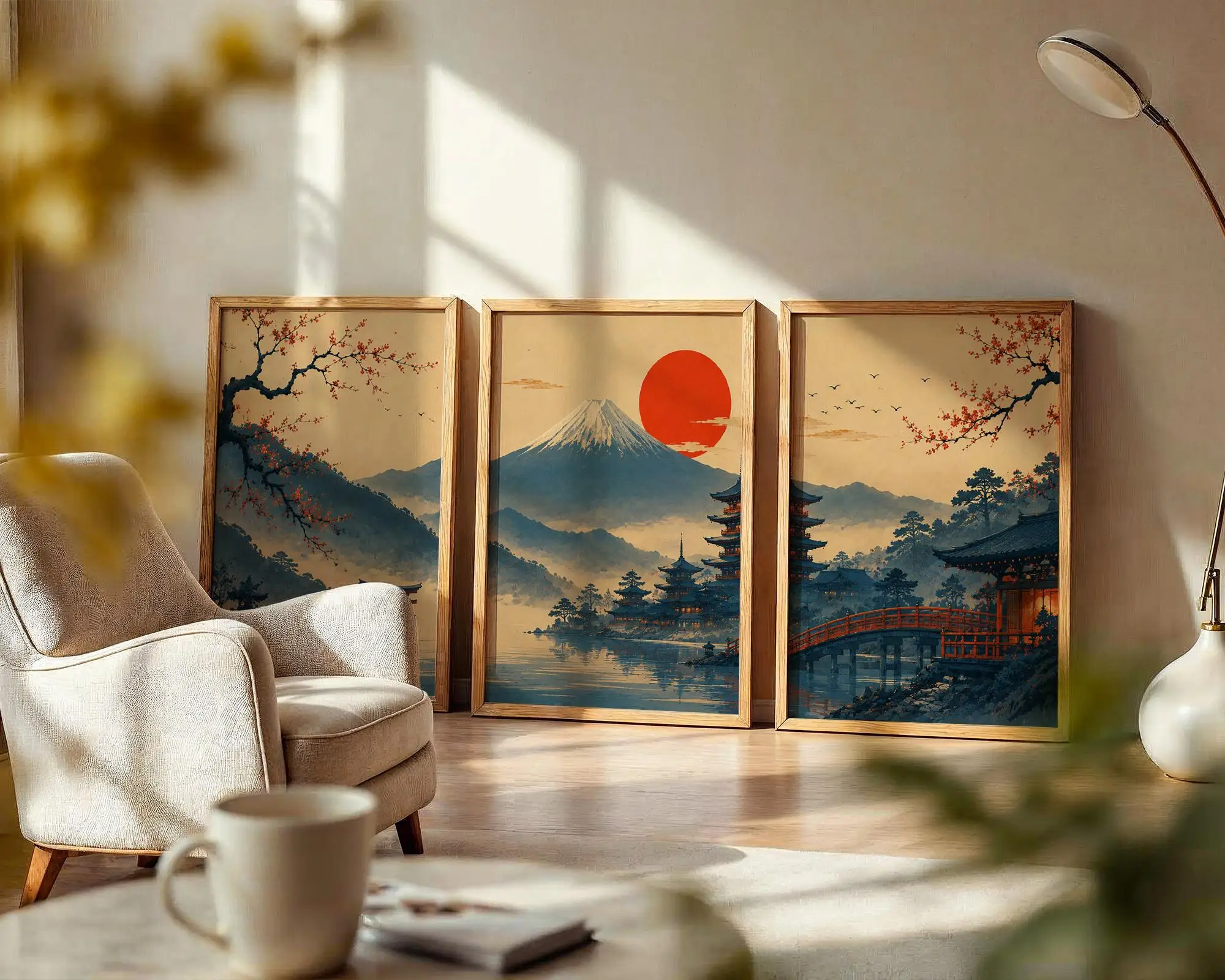 Japanisches Wandkunst-Set mit 3 Bildern, Mount Fuji Torii Gate Pagoden-Drucke, Vintage Ukiyo-e Poster, Kirschblüten-Dekor, Asiatisch Inspiriertes Geschenk – Detail 5