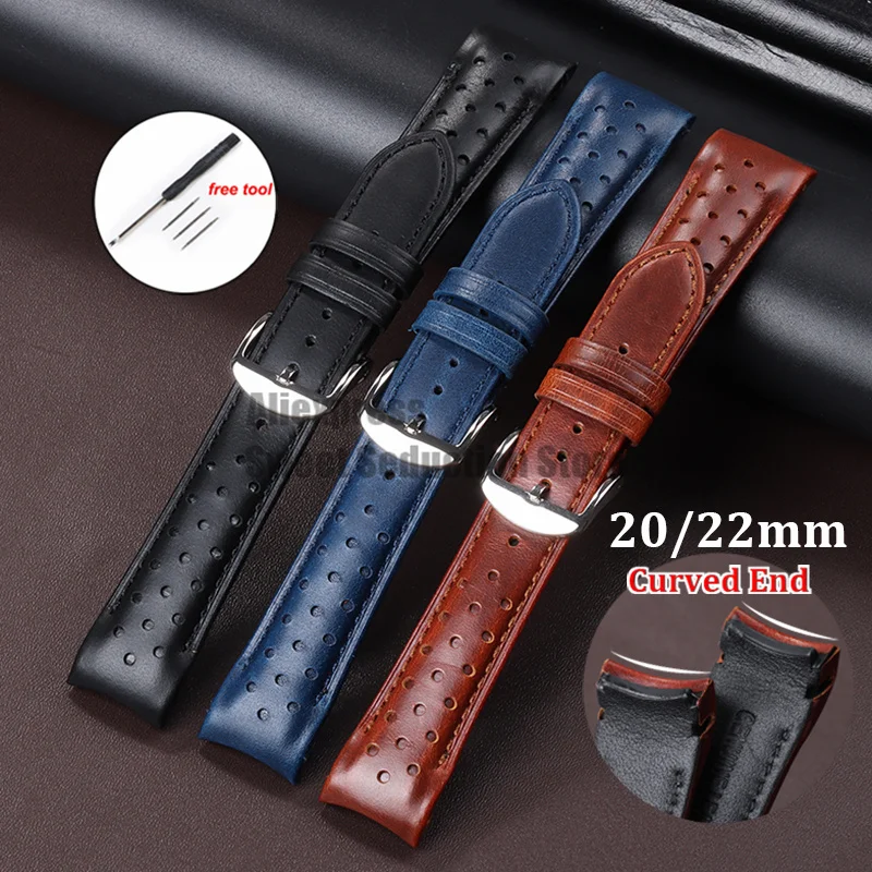 20mm 22mm Curved End Oil Wax Leather Band Universal Cowhide Strap Women Men Belt Bracelet Genuine Leather Wristband Accessories