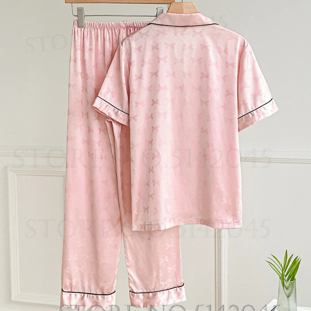 Female 2PCS Pajamas Set Jacquard Short Sleeve Trouser Pijamas Suit Spring Summer Silk Satin Sleepwear Loungewear Loose Home Wear