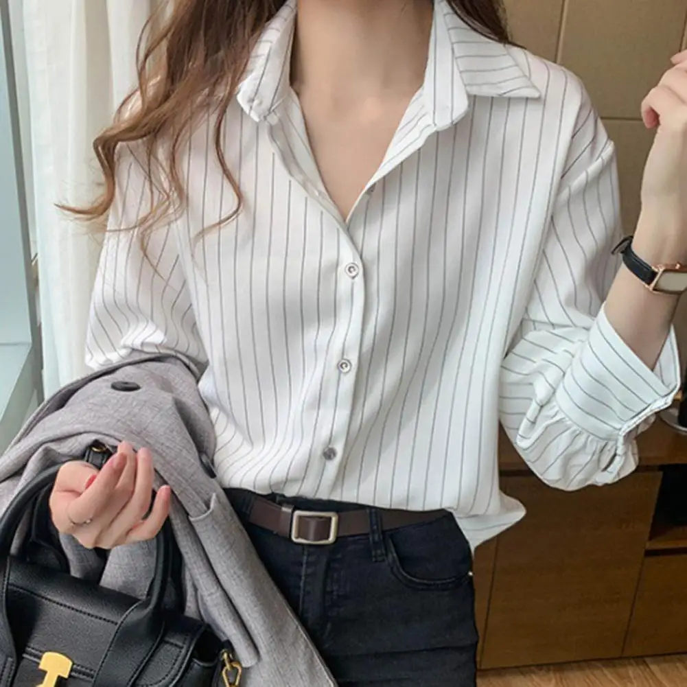 

Women Blouse Stripe Button Closure Turn-down Collar Super Soft Loose-Fitting Office Ladies Shirt Tops Women Costume For Female