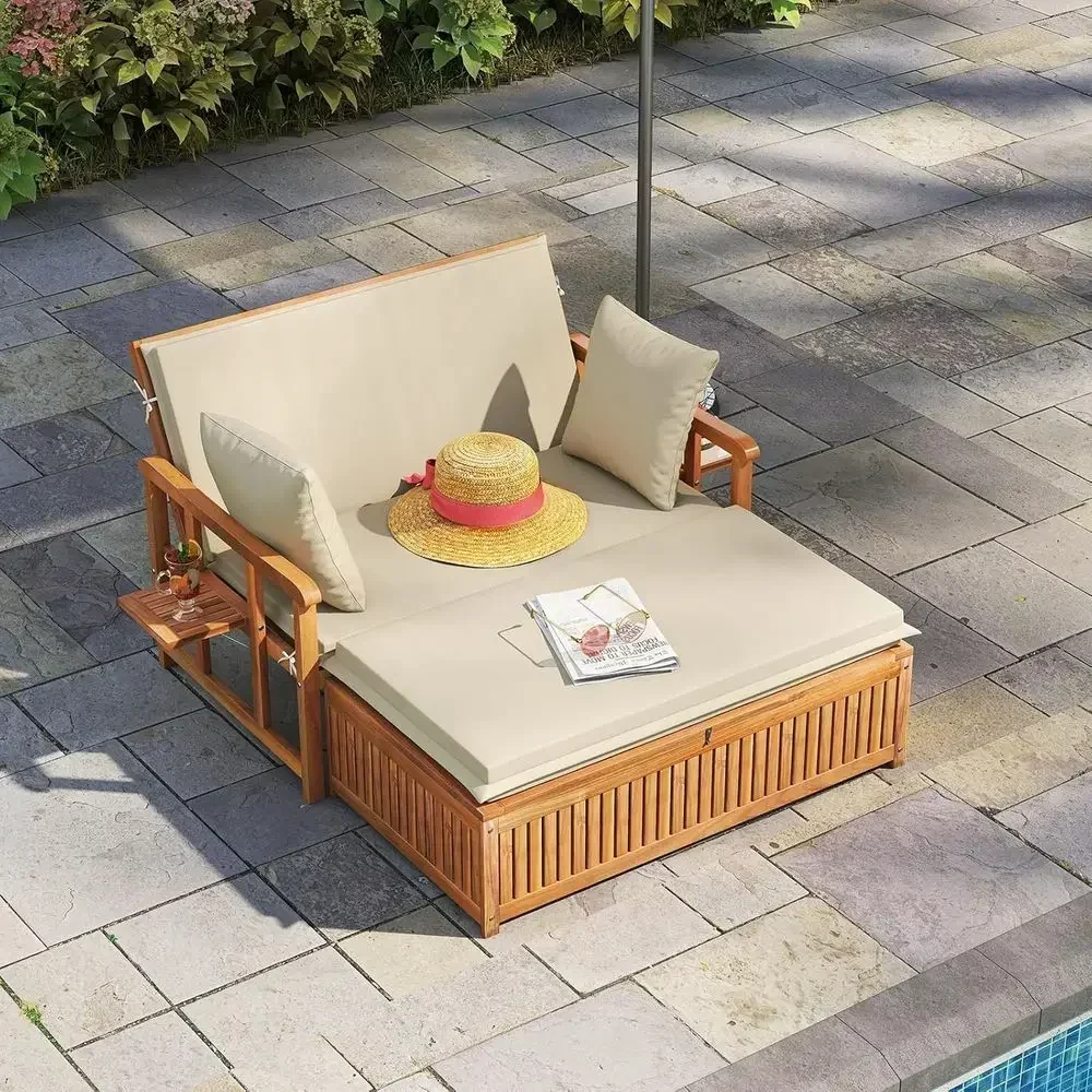 Moccha Acacia Wood Outdoor Daybed - Wooden Loveseat Soa with 4-Level Backrest, Storage Ottoman, Cushions, Outside Sunbed, Double
