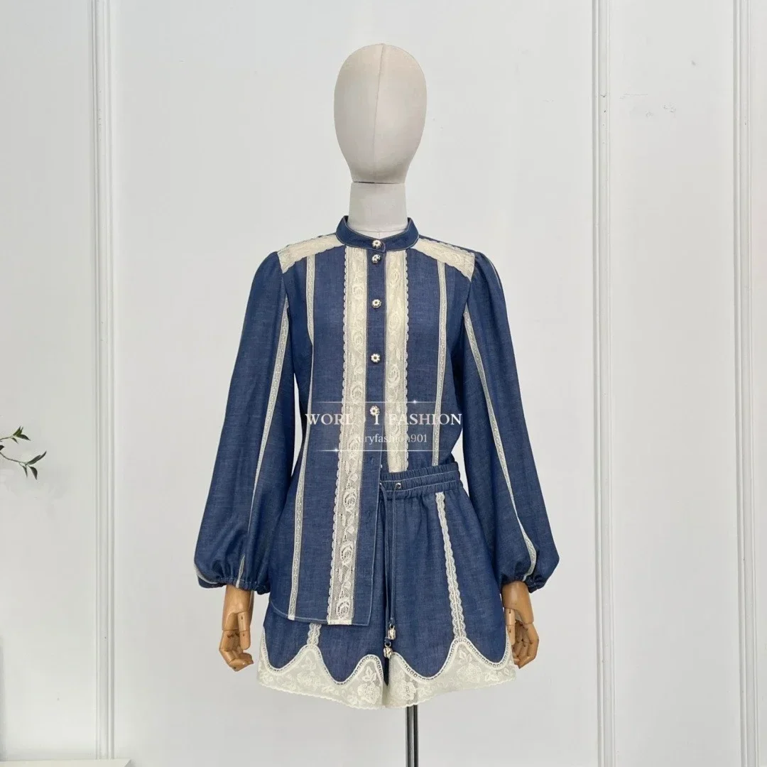 

Casual Clothes Cotton Blue Lace Long Sleeve Blouse Tops and Shorts or Pants for Womens Two Peice Sets