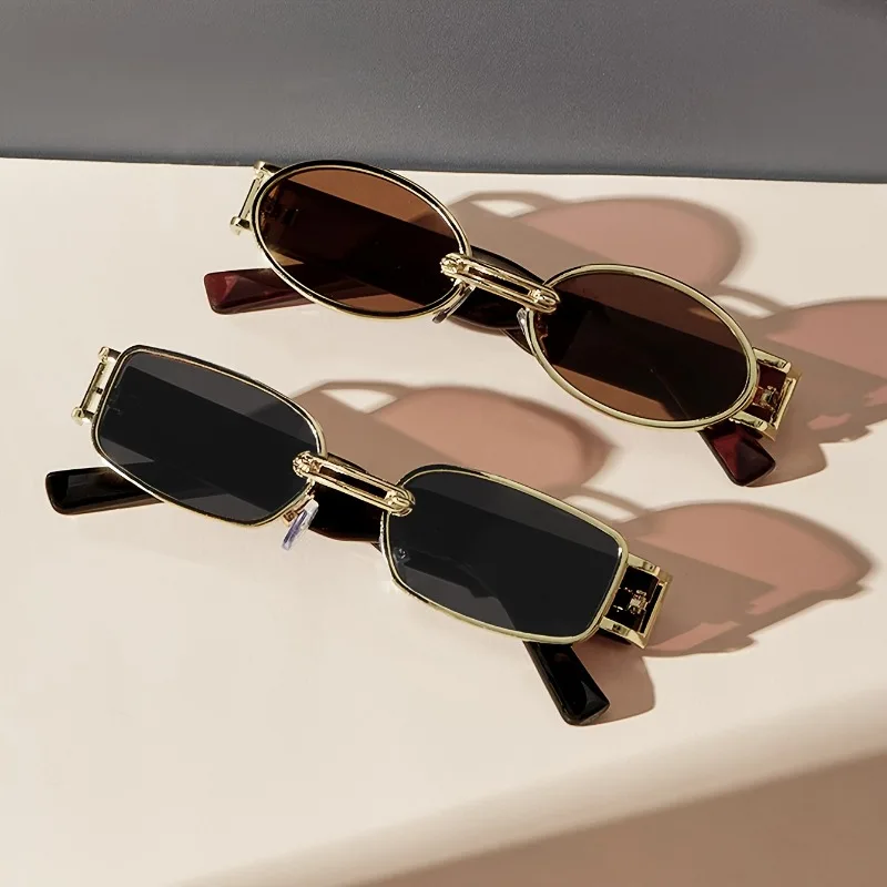 2  Pairs of Men's Metal Oval Square Trendy Narrow Small Frame Vintage Versatile Stylish Punk Fashion Glasses