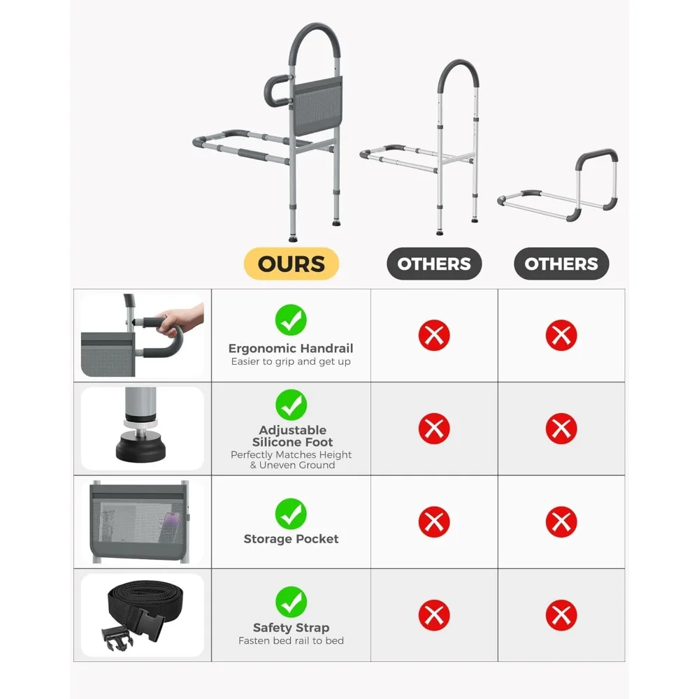 Adjustable Bed Safety Rails for Seniors with Non-Slip Handle, Storage Pocket, Fits Twin to King Beds