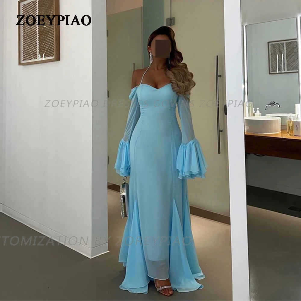 

Sky Blue Chiffon Evening Dresses Pleated Mermaid Princess Prom Gowns Full Sleeves Fashion Celebrity Arabic Halter Formal Dress