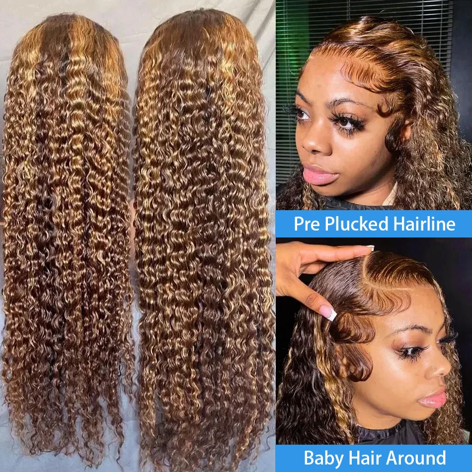 32 Inch 13x4 Curly Highlight Ombre Hd Lace Front Human Hair Wig 4/27 Colored 200% Deep Water Wave Lace Frontal Wigs For Women