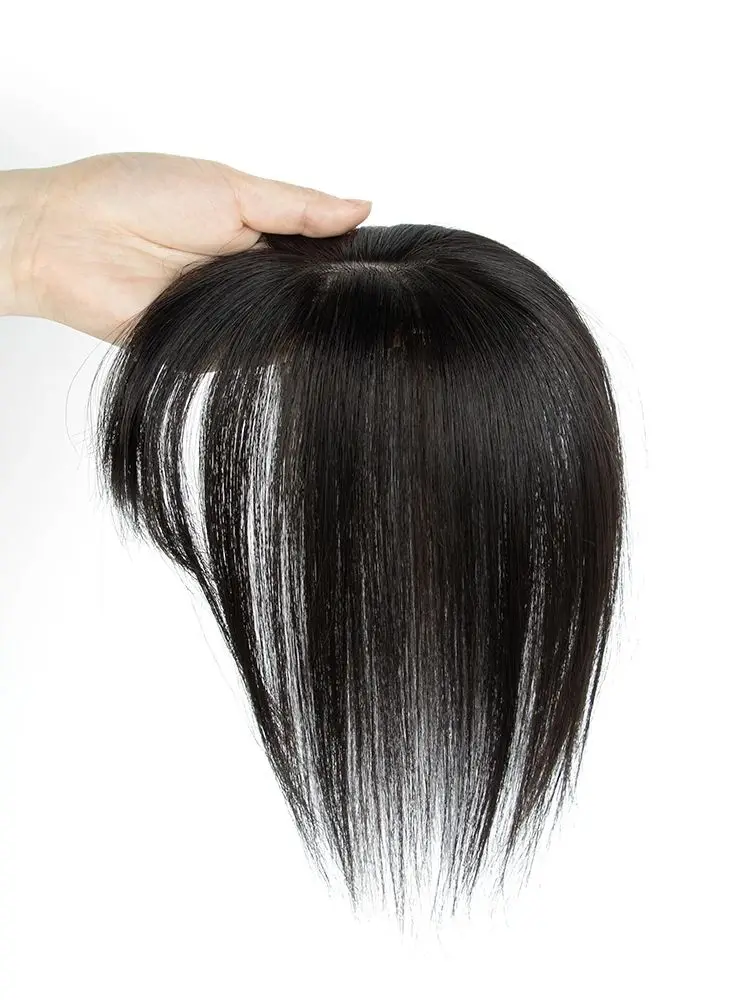 1.97 X 3.54inch Elegant Human Hair Topper with Hair Bang, Ash Gray/White/Blonde Highlight, Wear And Go Human Hairpiece for Volume And Ends, Natural St
