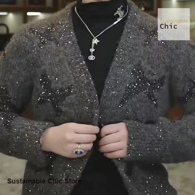 Korean style design sense niche butterfly sequined knit cardigan women's autumn and winter V-neck temperament Joker sweater coat