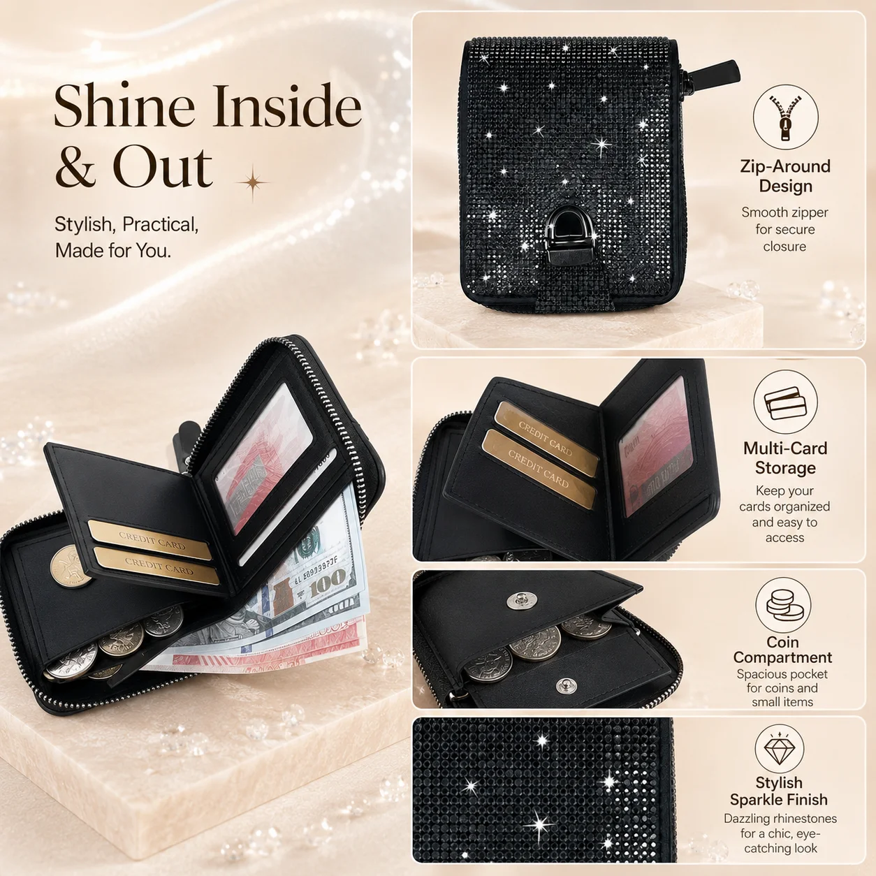 Sparkly Glitter PU Leather Wallet, Compact & Stylish Multi-purpose Card Holder