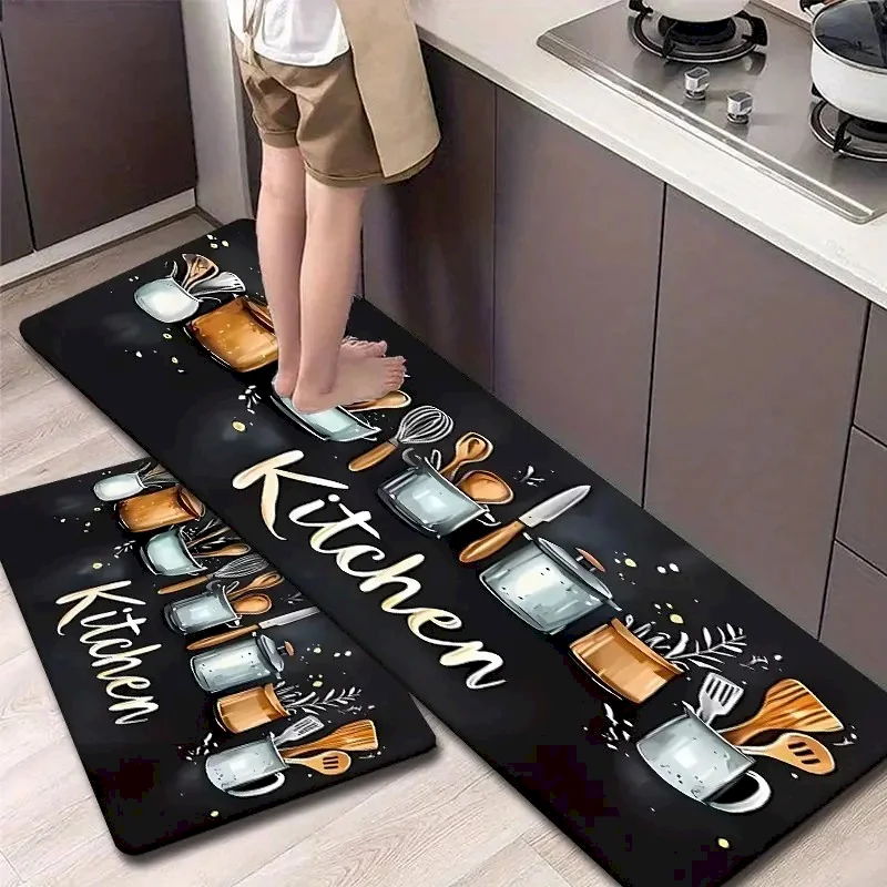 VIKAMA Kitchen Utensil Rug Set,Non Slip Oil Absorb Washable Anti Fatigue Mat,Black Letter Kitchen Entry Decor Floor Rug