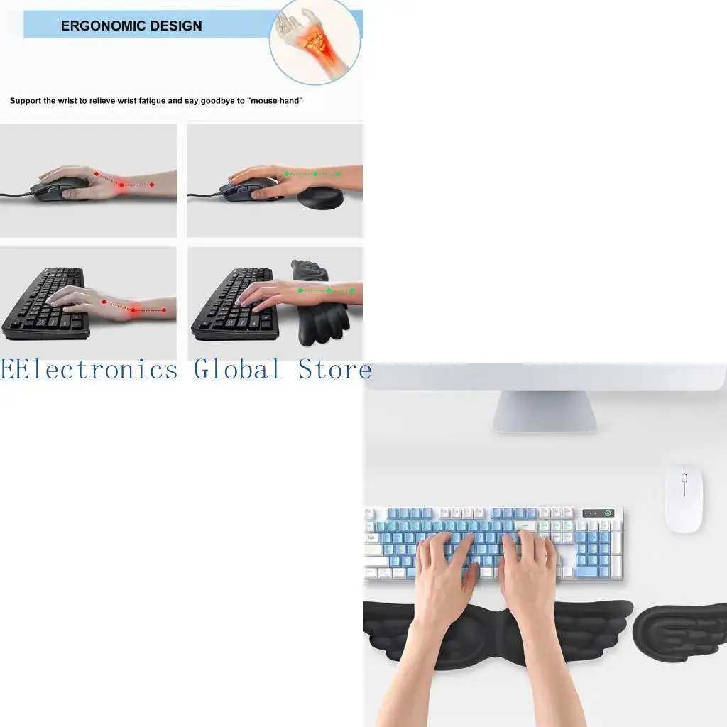 462B Silicone Angel Wing Keyboards Wrist Rest Mouse Pad Set Ergonomic Design NonSlip Base Office Desk Comfort Accessory