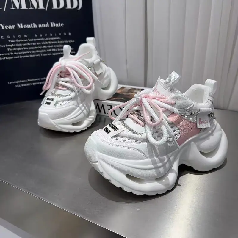 Summer Breathable Mesh Thick-soled Dad Sneakers for Women 2026 New High-rise Lace-up Casual Sports Shoes for Street Style