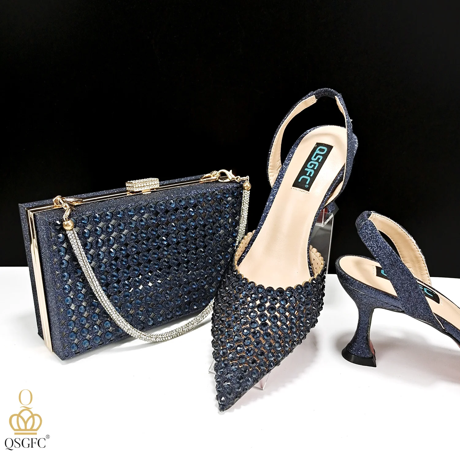 QSGFC New Elegant Lady Pointed-Toe Party Shoes Hollow Embroidery Rhinestone Design Mid-heel Dark Blue Color Shoes Bag Set