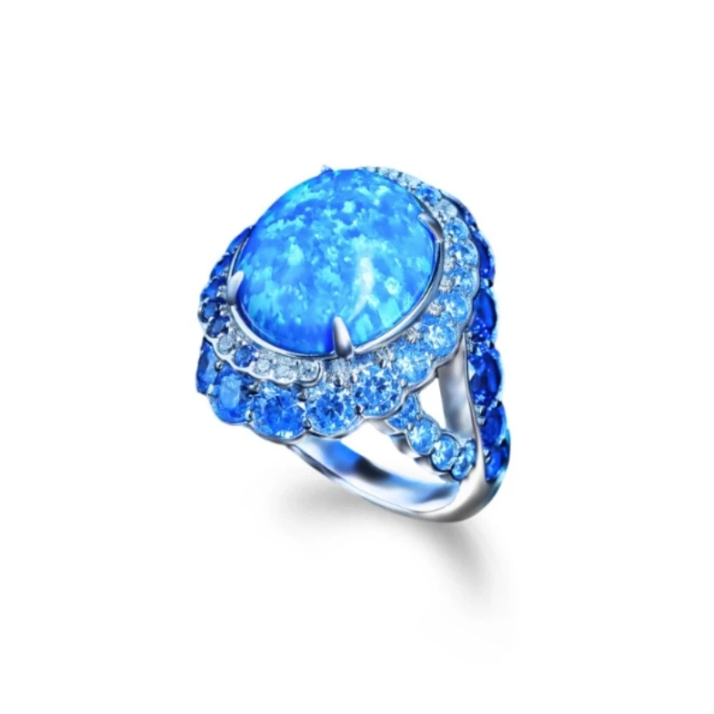 

CAMEO 925 Silver Gold Plated Ring High Carbon Diamond Blue Green Opal Oval Shaped Diamond Set Versatile Vintage Ring