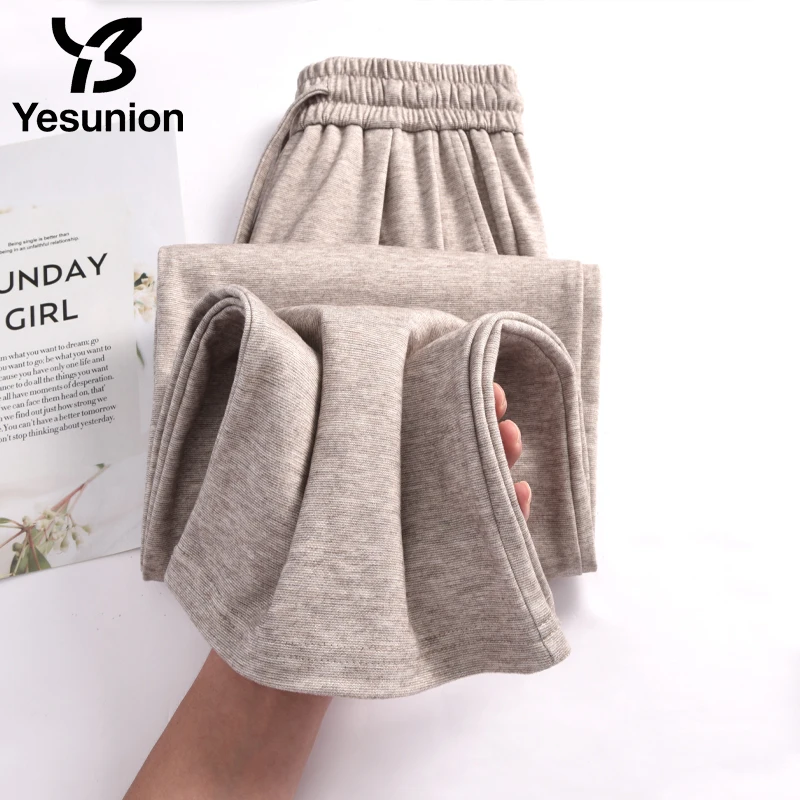 YESUNION رمادي بنطال ذو قصة أرجل واسعة الرباط المرأة عادية ربيع الخريف Sweatpants ملابس العمل واسعة الساق بنطلون رياضي Sweatpants