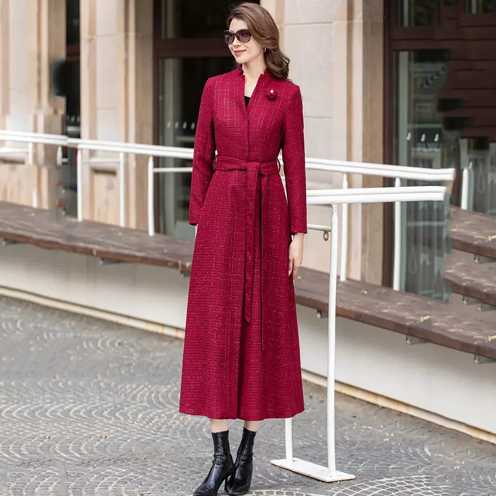 

New Women Autumn Winter Bright Silk Wool Blended Coat Elegant Fashion V-Neck Single Breasted Slim Woolen Overcoat With Belt