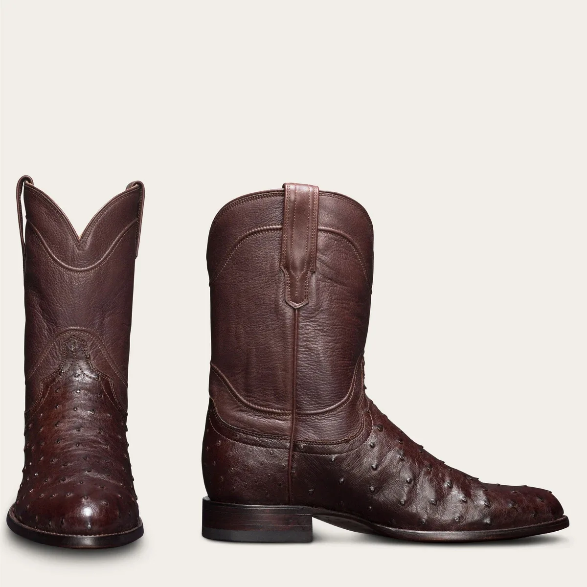 Men's Brown Ostrich Leather Western Cowboy Boots Pointed Toe Block Heel Mid-Calf Boots Luxury Vintage Boots for Daily Wear