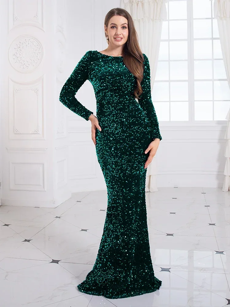 Royal Blue Stretch Sequin Floor Length Evening Night Dress Full Sleeve Bodycon Black Mermaid Party Dress