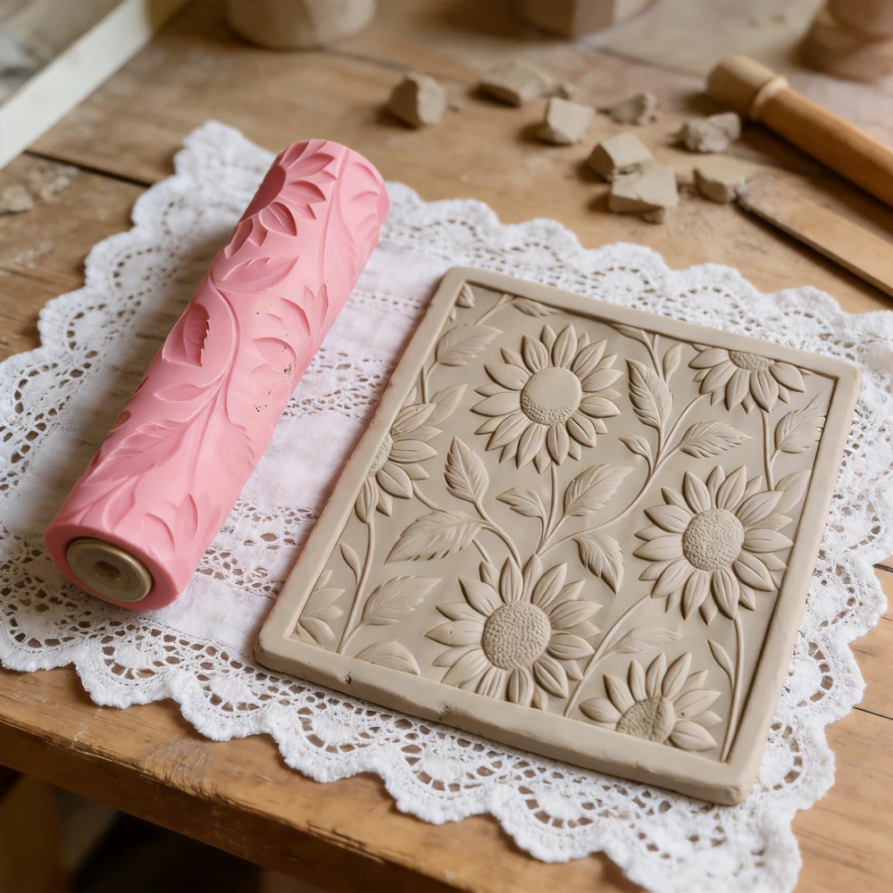 Rouleau texturé en argile motif tournesol pour poterie DIY, artisanat, céramique, argile polymère, pâte à sucre et fabrication de biscuits
