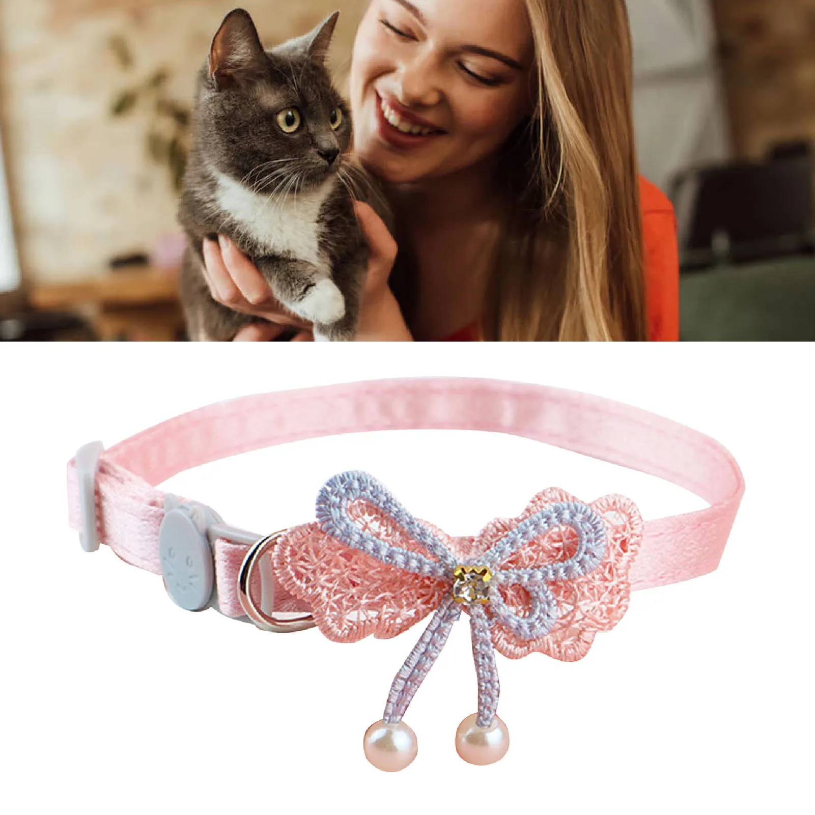 Pet Collar Adjustable Soft Wearable Cute Fashionable Cat Bow Tie Collar For Daily Walking Party Pearl Pendant Bow 20-30cm