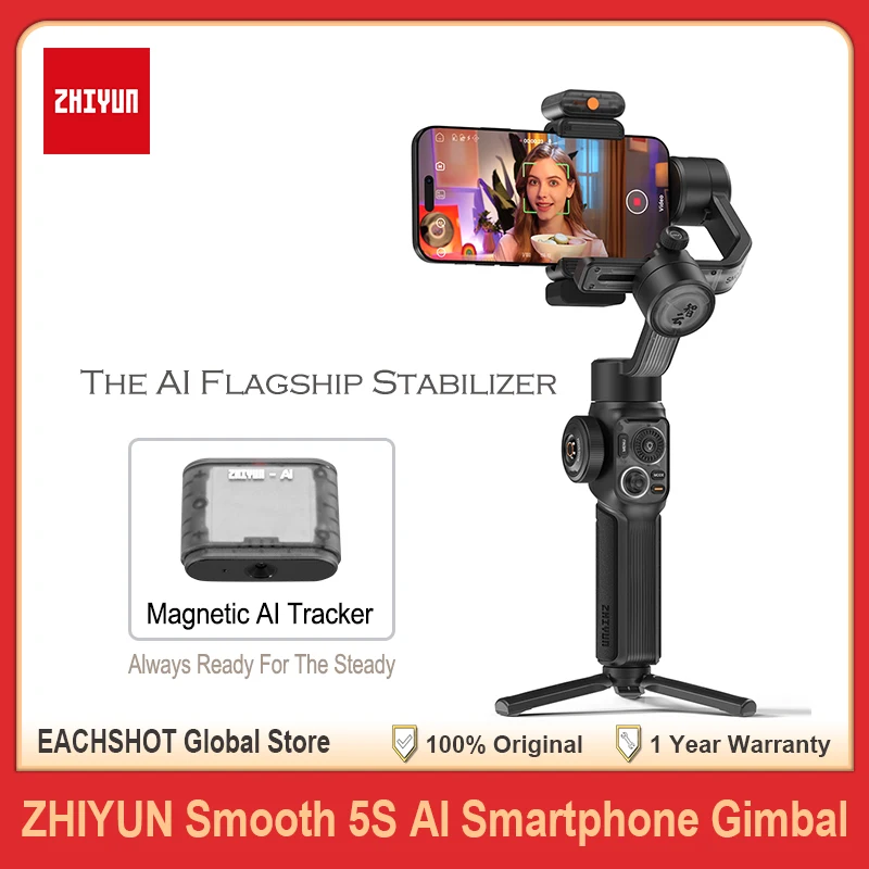 ZHIYUN Smooth 5S AI estabilizador de cardán para teléfono inteligente de 3 ejes con sensor de seguimiento para iPhone 15 Pro Max Android Vlog Grabación de vídeo