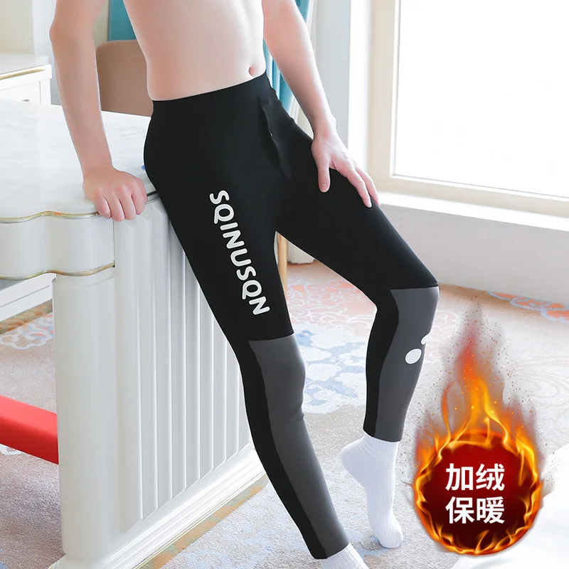 Men Fleece Lined Thermal Pants Color Block Knee Patch Slim Fit Shark Leggings Elastic Waist Winter Warm Base Layer Long Johns