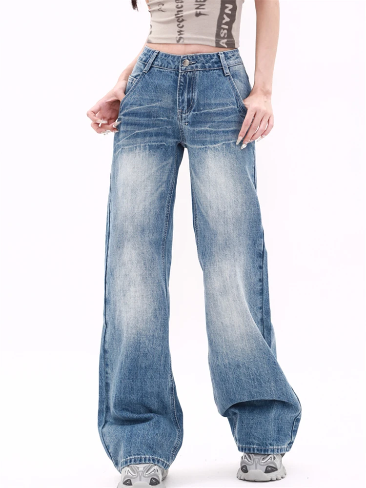 Jeans da donna dritti a vita alta blu lavati ad acqua Gamba larga Streetwear Pantaloni vintage da ragazza cool Pantaloni casual in denim femminile