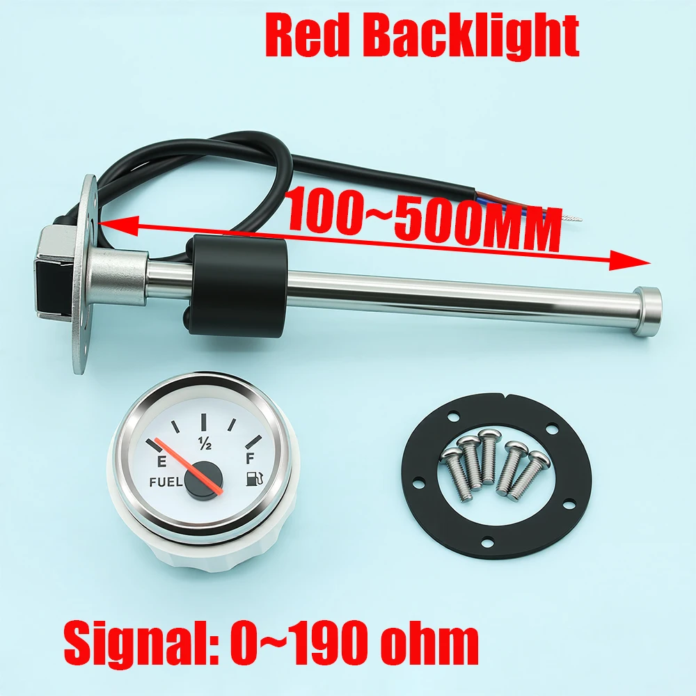 100-500mm Stainless Steel Marine Fuel Level Gauge Sensor Fit Boat Car Fuel Level Gauge Meter 0-190 ohm with Red Backlight 9-32V