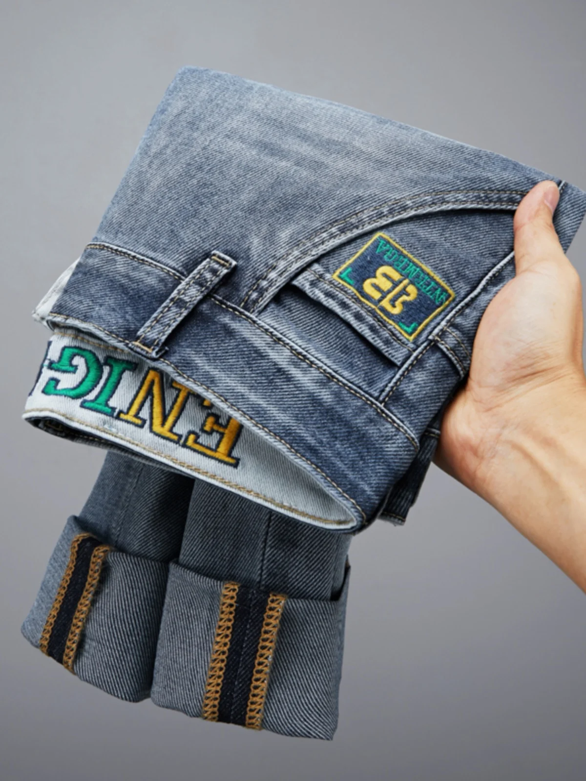 

Весенние высококачественные мужские джинсы прямого кроя с вышивкой, эластичные повседневные длинные брюки, молодежные, модные, в корейском стиле, универсальные