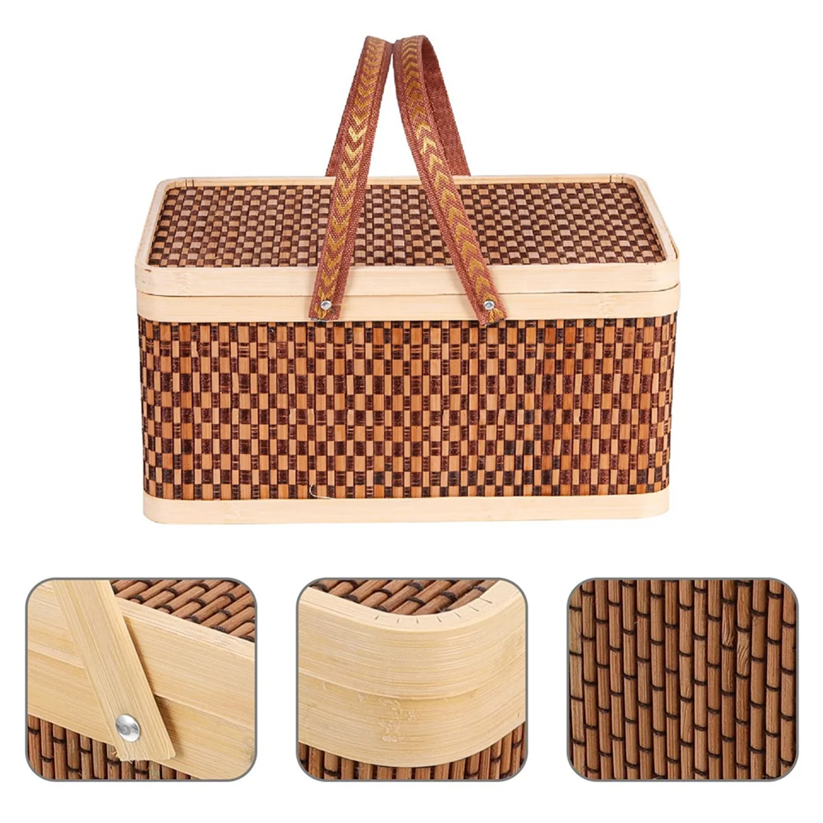 New Bamboo Basket Natural -Friendly Woven Basket Bamboo Picnic Basket with Lid Handheld Snacks Bread Storage Basket