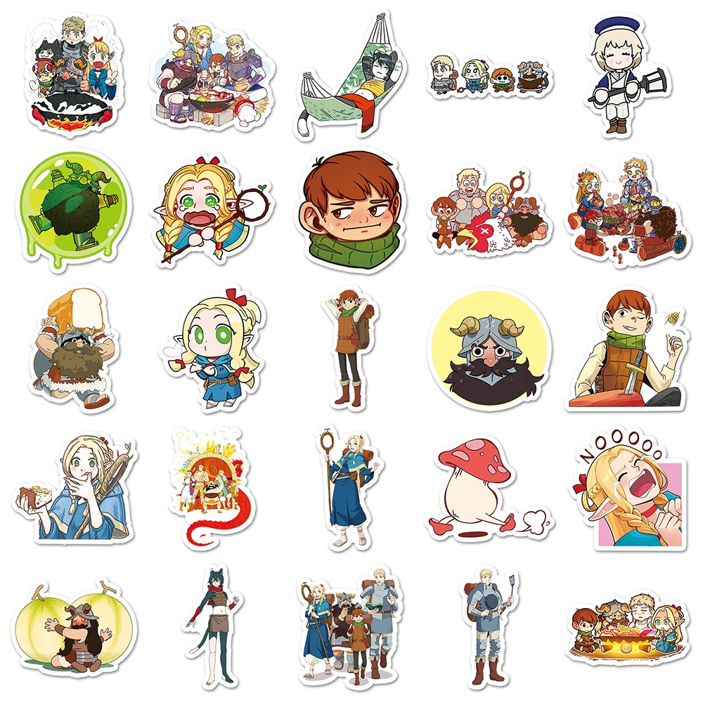 10/30/50 Uds Anime japonés delicioso en mazmorra pegatinas lindo Marcille Laios ‌   Calcomanías de dibujos animados Maleta Laptop Teléfono Manga Etiqueta