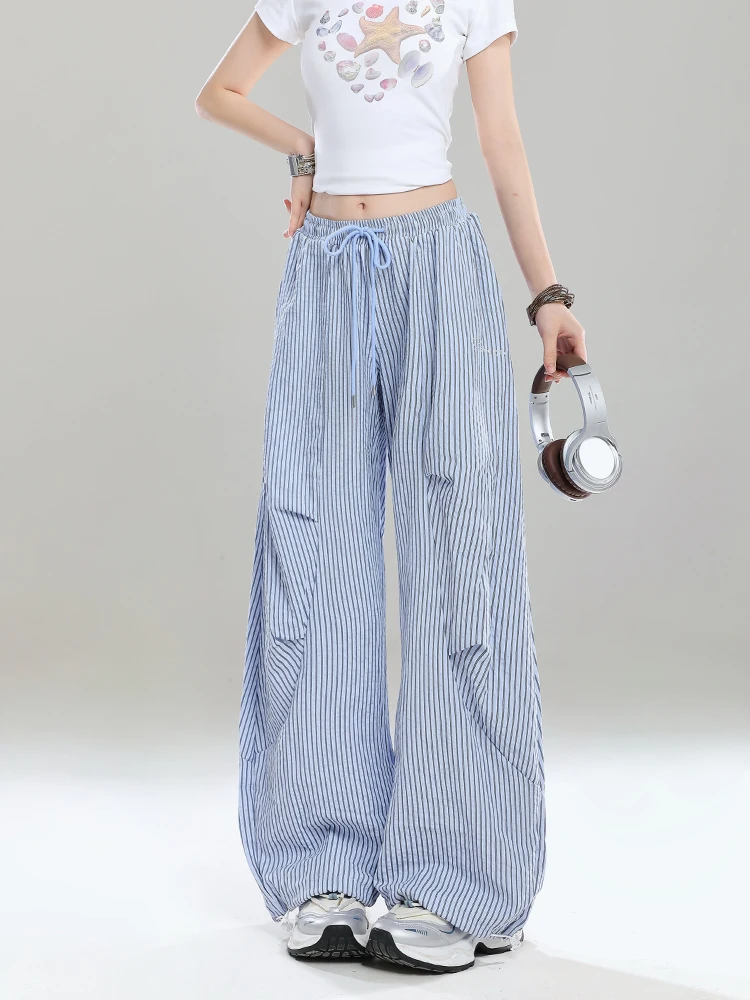 

Casual Spor Striped Loose Women's Summer High Waist Pants Design Sensation Lazy Relaxing Feel Straight Leg Commute Sle