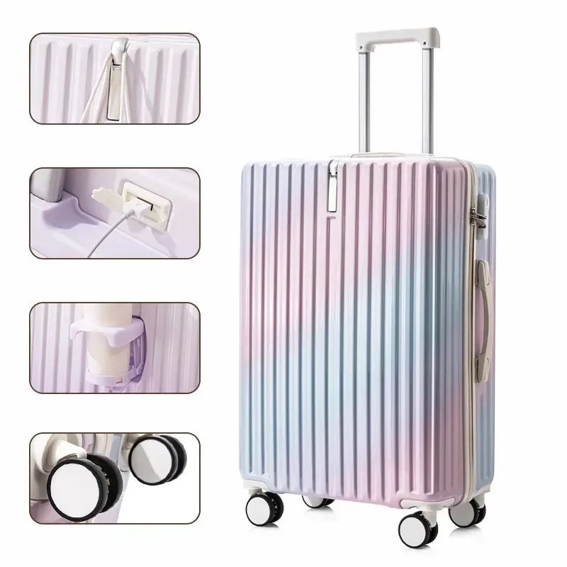 Gradient Color Suitcase with USB Charging Port,Cup Holder & Phone Stand - Durable ABS+PC Shell,Telescopic Handle,Rotating Wheels