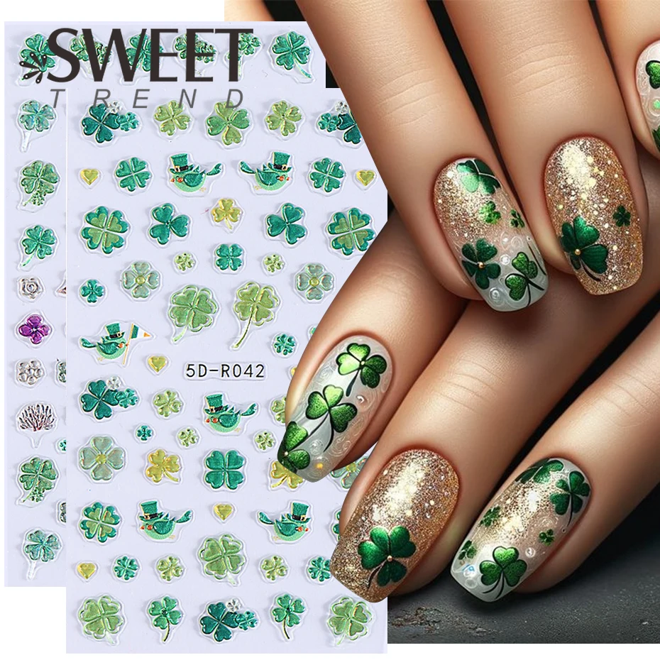 Green Four Leaf Clovers 5D Embossed Nail Art Stickers St. Patrick's Day Cute Lucky Leaf Sliders Decals DIY Manicure Decoration